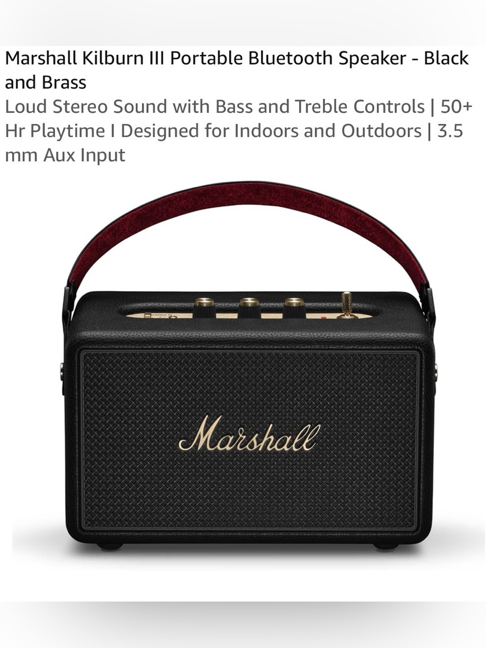 Marshall Kilburn III Portable Bluetooth Speaker - Black Brand New